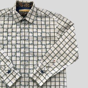 Robert Graham White Blue Check Embroidered Geometric Cotton Long Sleeve Shirt XL